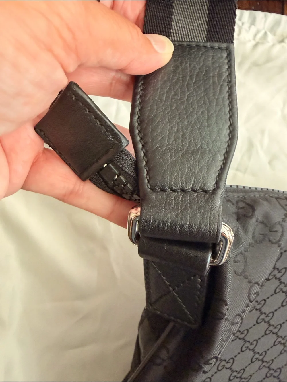Gucci Black GG Nylon Messenger Crossbody with Striped Strap